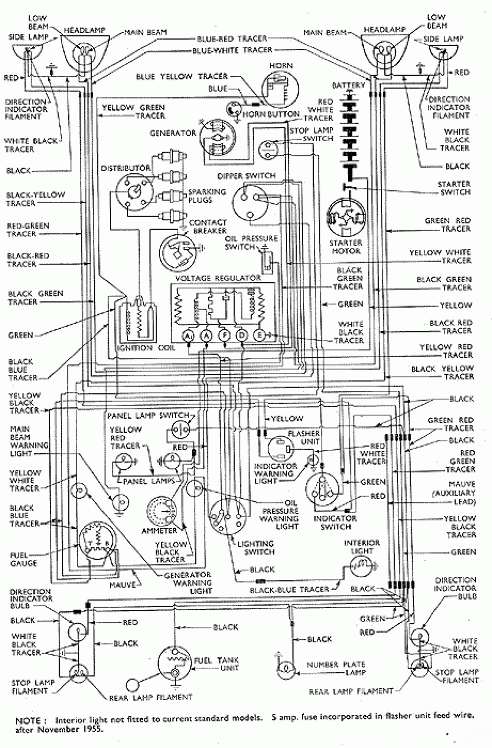 135: wiring diagram 100E Anglia after Febuary 1955 (exclude DeLuxe