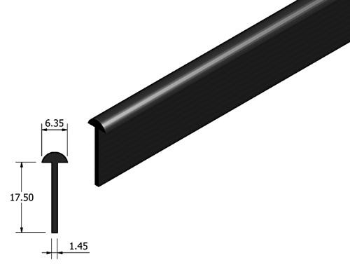 Wing piping - Plastic half-round 'T' trim PER METRE - Black, 1/4