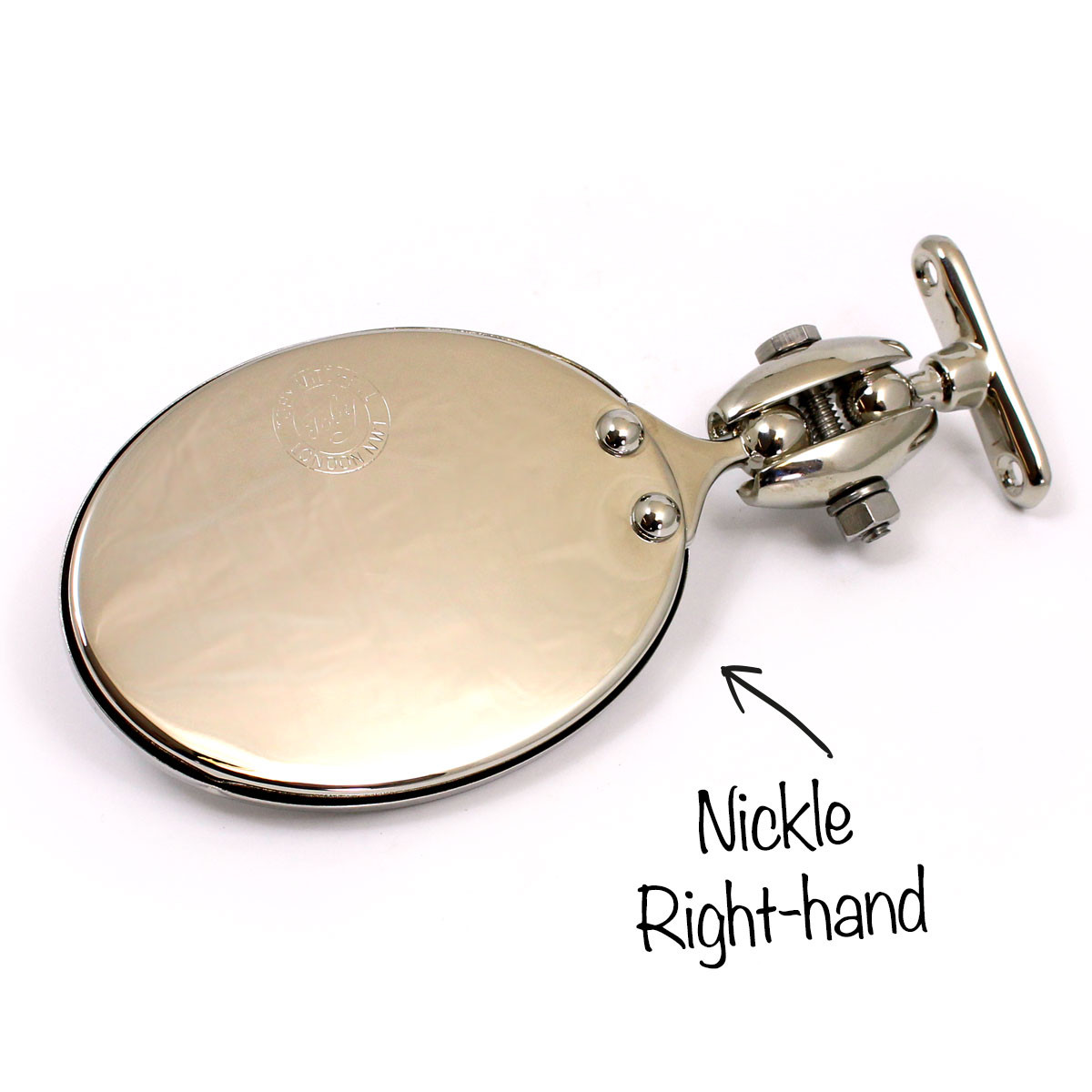 Oval rear view mirror - Equivalent to Desmo 263 model, stamped 'Toby' - Stamped oval mirror in nickel plate finish