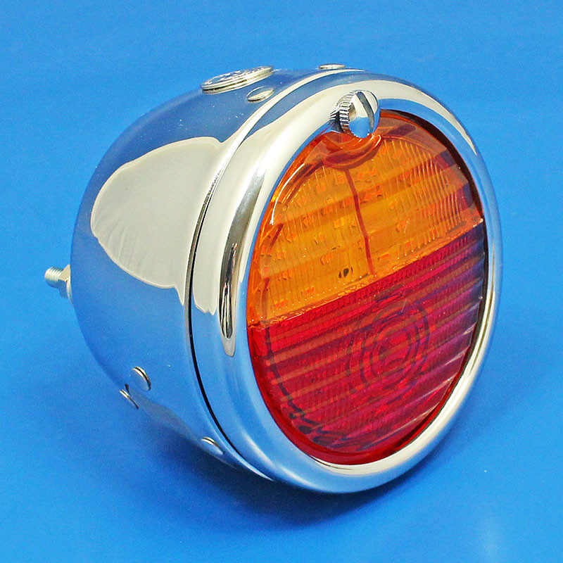 Toby round rear lamp LED (equivalent to the Lucas ST38/'Pork Pie') with INDICATOR conversion - Chrome with Number Plate window - FITTED LED LIGHT BOARD