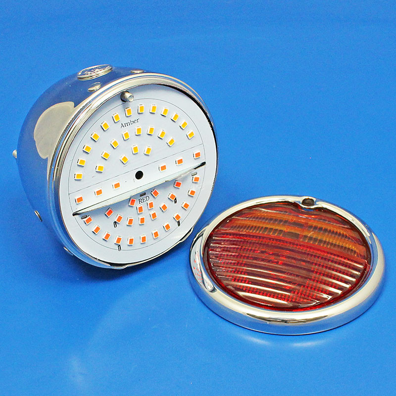 Toby round rear lamp LED (equivalent to the Lucas ST38/'Pork Pie') with INDICATOR conversion - Chrome WITH or WITHOUT Number Plate window - FITTED LED LIGHT BOARD - Toby round rear lamp LED (equivalent to the Lucas ST38/'Pork Pie') with INDICATOR conversion - Chrome WITHOUT Number Plate window - FITTED LED LIGHT BOARD