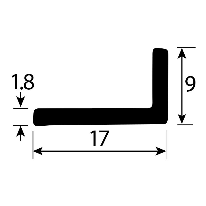 Rubber extrusion - Long angle, 17mm base x 9mm upstand