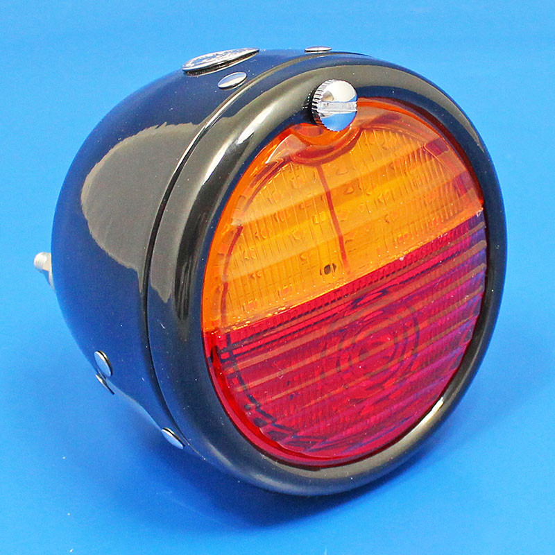Toby round rear lamp LED (equivalent to the Lucas ST38/'Pork Pie') with INDICATOR conversion - Black with Number Plate window - FITTED LED LIGHT BOARD
