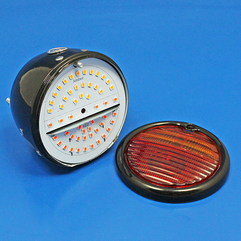 Toby round rear lamp LED (equivalent to the Lucas ST38/'Pork Pie') with INDICATOR conversion - Black WITH or WITHOUT Number Plate window - FITTED LED LIGHT BOARD - Toby round rear lamp LED (equivalent to the Lucas ST38/'Pork Pie') with INDICATOR conversion - Black WITHOUT Number Plate window - FITTED LED LIGHT BOARD