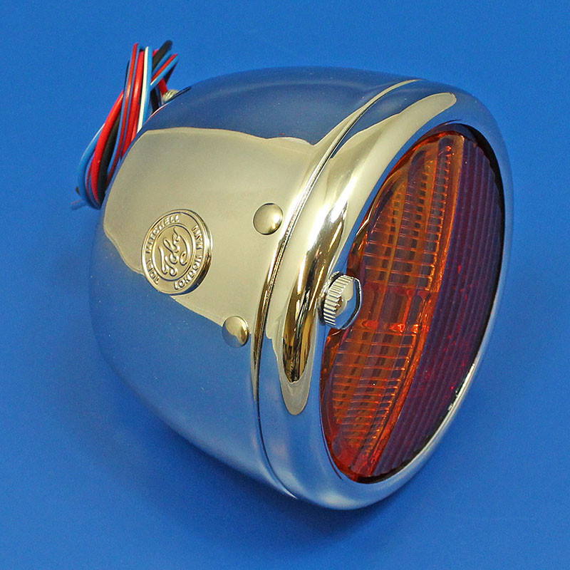 'Toby' round rear lamp (equivalent to the Lucas ST38/'Pork Pie') with INDICATOR conversion - Chrome with Number Plate window