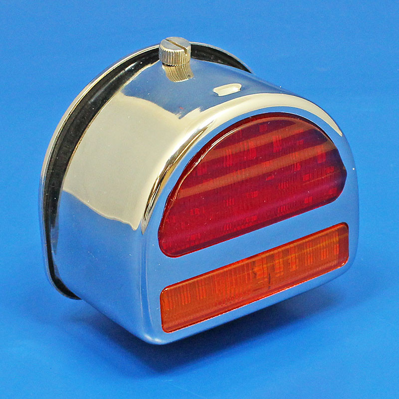 Rear 'D' lamp LED (equivalent to the Lucas ST51 lamp with split lens) with INDICATOR conversion - Chrome finish - FITTED LED LIGHT BOARD