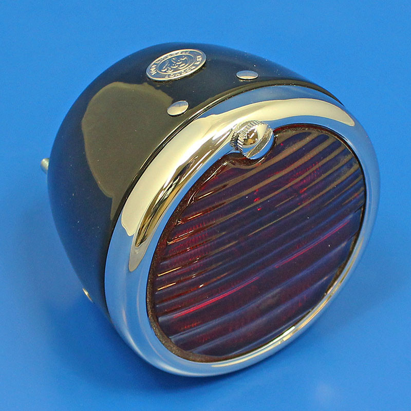 'Toby' round rear lamp - Equivalent to the Lucas ST38 or 'Pork Pie' type - Black body, chrome rim, with side lens